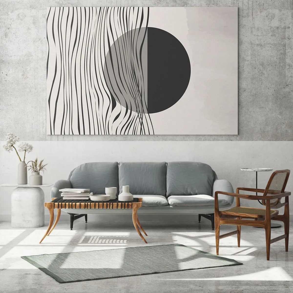 Obraz na skle - Čierne vlny a kruh na béžovom pozadí - 70x50cm - Polovičná kompozícia - Moderná nástenná dekorácia do obývacej izby a spálne ARTTOR