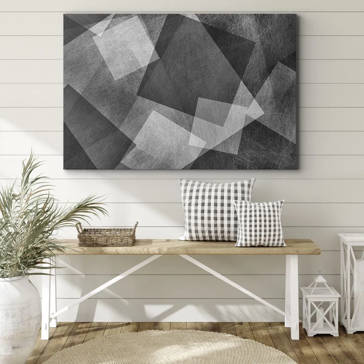 Obraz na plátne - Čiernobiela abstrakcia s geometrickými tvarmi - 70x50cm - Odveký symbol trvalosti a poriadku - Moderná nástenná dekorácia do obývacej izby a spálne ARTTOR
