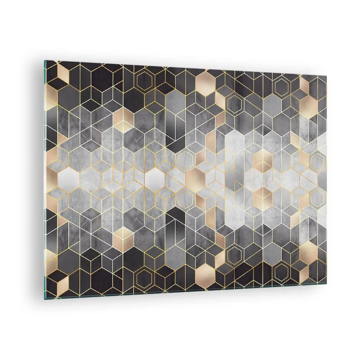Obraz na skle - Geometrický vzor šesťuholníkov v zlatých čiarach - 70x50cm - Diamantová kompozícia - Moderná nástenná dekorácia do obývacej izby a spálne ARTTOR