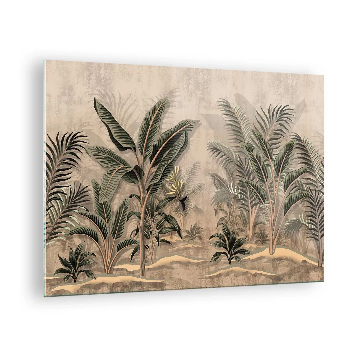 Obraz na skle - Tropické rastliny na béžovom pozadí v koloniálnom štýle - 70x50cm - Rytina v koloniálnom štýle - Moderná nástenná dekorácia do obývacej izby a spálne ARTTOR