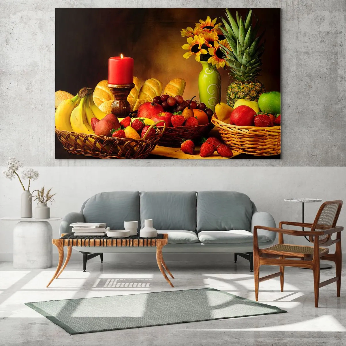 Obraz na skle - Kompozícia ovocia, chleba a sviečky v rustikálnom štýle - 70x50cm - Zátišie s pečivom a ovocím - Moderná nástenná dekorácia do obývacej izby a spálne ARTTOR