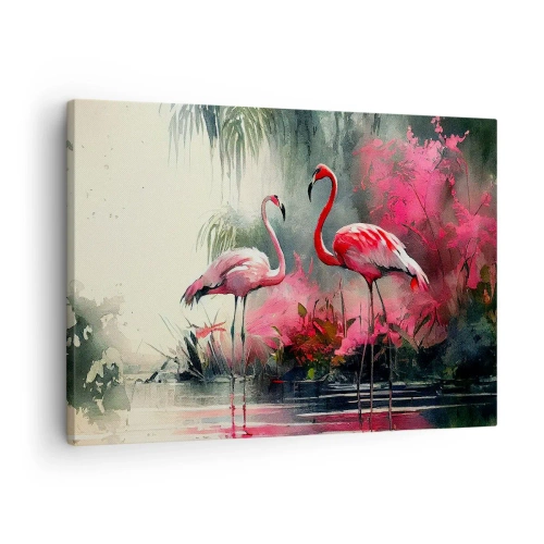 Obraz na plátne - Plameniaky pri vode obklopené vegetáciou - 70x50cm - Hodiny prírodného kúzla - Moderná nástenná dekorácia do obývacej izby a spálne ARTTOR