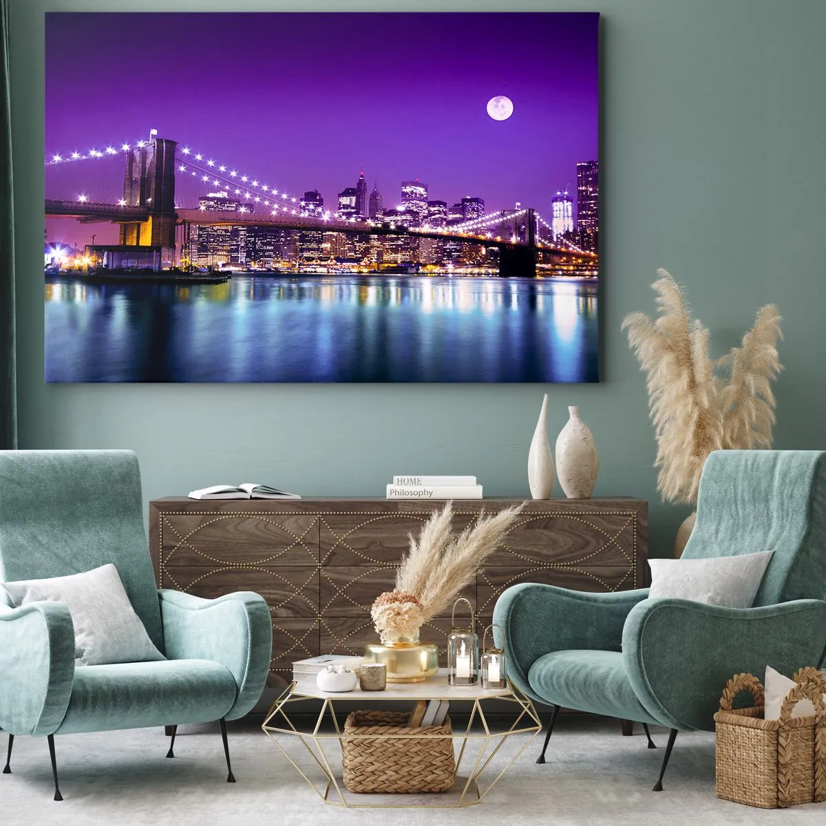 Obraz na plátne - Brooklynský most v noci s osvetleným mestom a splnom - 70x50cm - Svetlá veľkomesta vo fialovej - Moderná nástenná dekorácia do obývacej izby a spálne ARTTOR