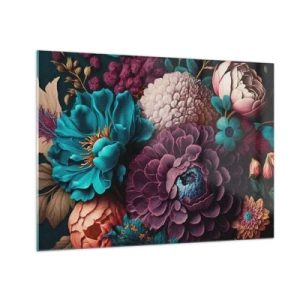 Obraz na skle - Bohatá kompozícia kvetov v intenzívnych farbách - 70x50cm - Úroda prírody - Moderná nástenná dekorácia do obývacej izby a spálne ARTTOR