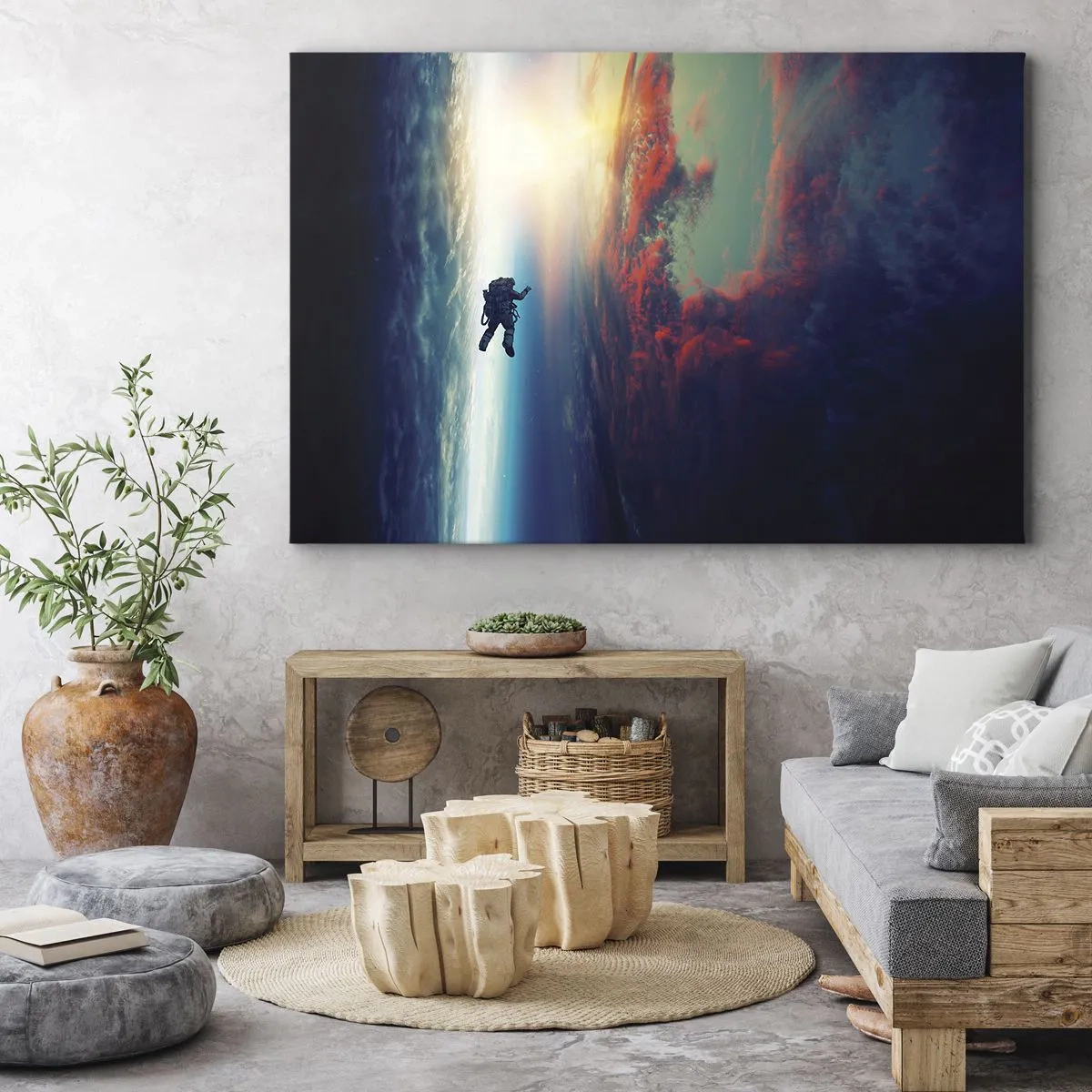 Obraz na plátne - Astronaut vznášajúci sa vo vesmíre nad farebnou Zemou - 70x50cm - Tvárou v tvár vesmíru - Moderná nástenná dekorácia do obývacej izby a spálne ARTTOR