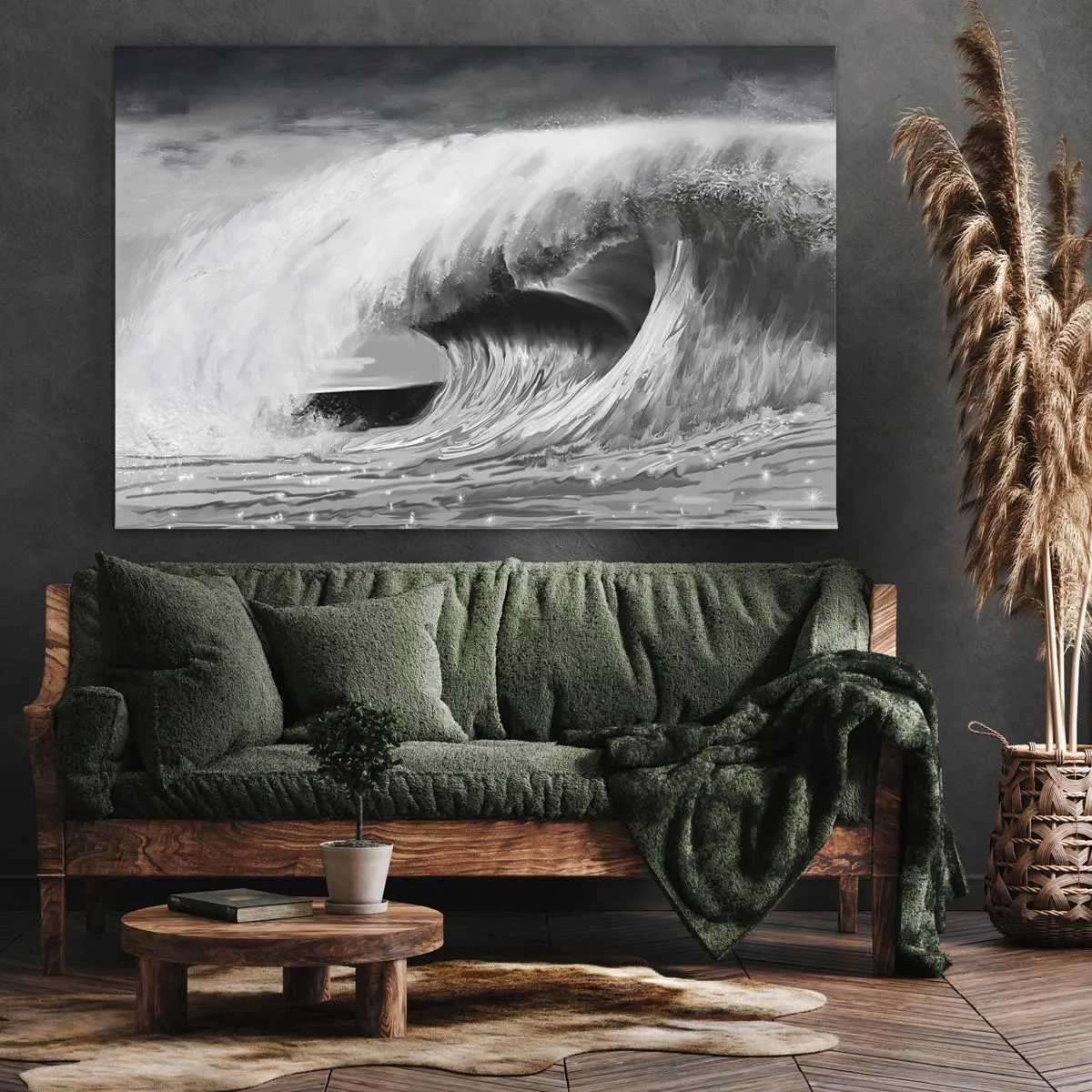 Obraz na plátne - Dramatická oceánska vlna v monochromatickom štýle - 70x50cm - Hnev oceánu - Moderná nástenná dekorácia do obývacej izby a spálne ARTTOR