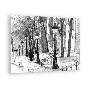 Obraz na skle - Čiernobiela kresba mestskej ulice s lampášmi - 70x50cm - Milostný príbeh alebo horor? - Moderná nástenná dekorácia do obývacej izby a spálne ARTTOR