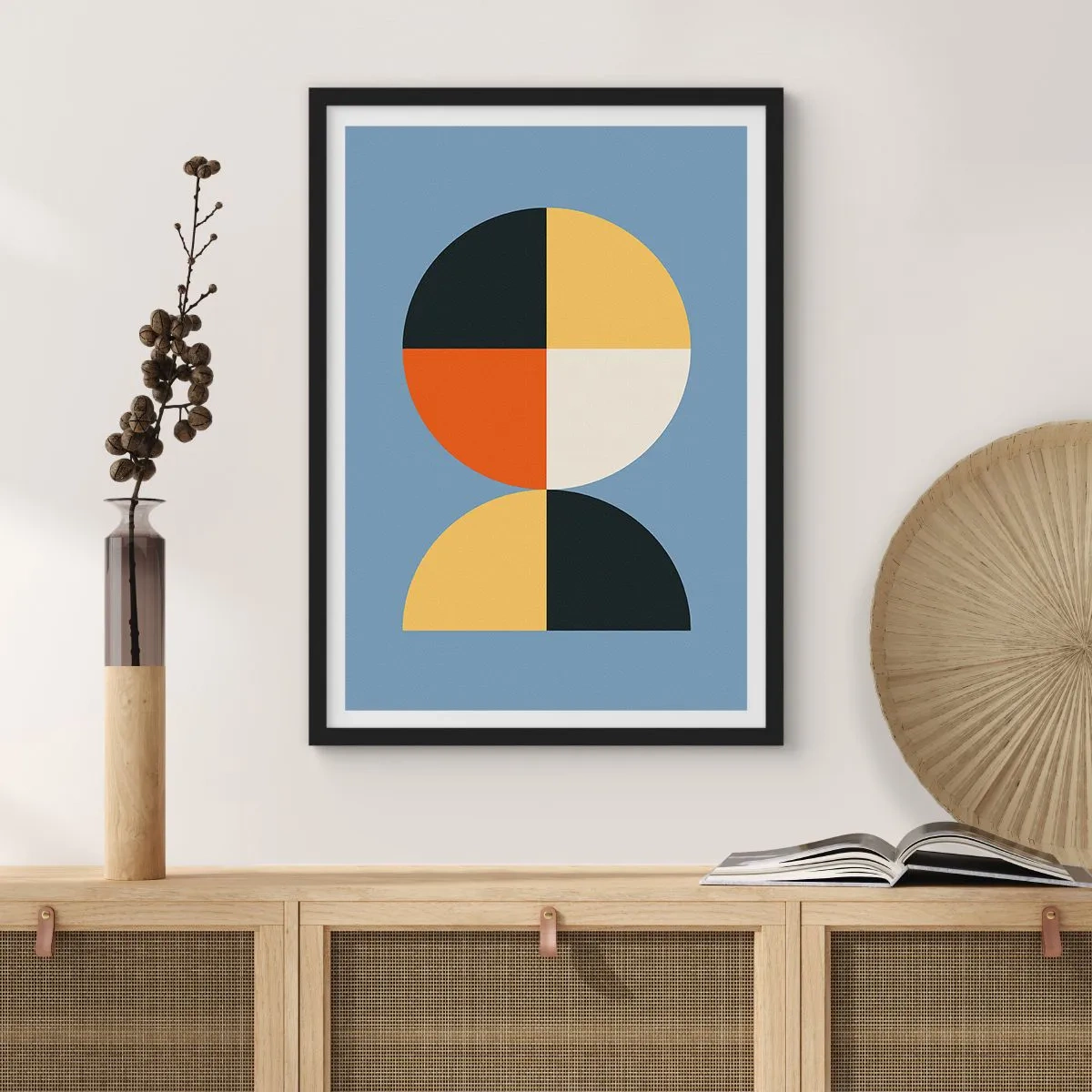 Plagát v čiernom ráme - Geometrický motív v tvare kruhu a polkruhu na modrom pozadí - 50x70cm - Pozri a počítaj - Moderná nástenná dekorácia do obývacej izby a spálne ARTTOR