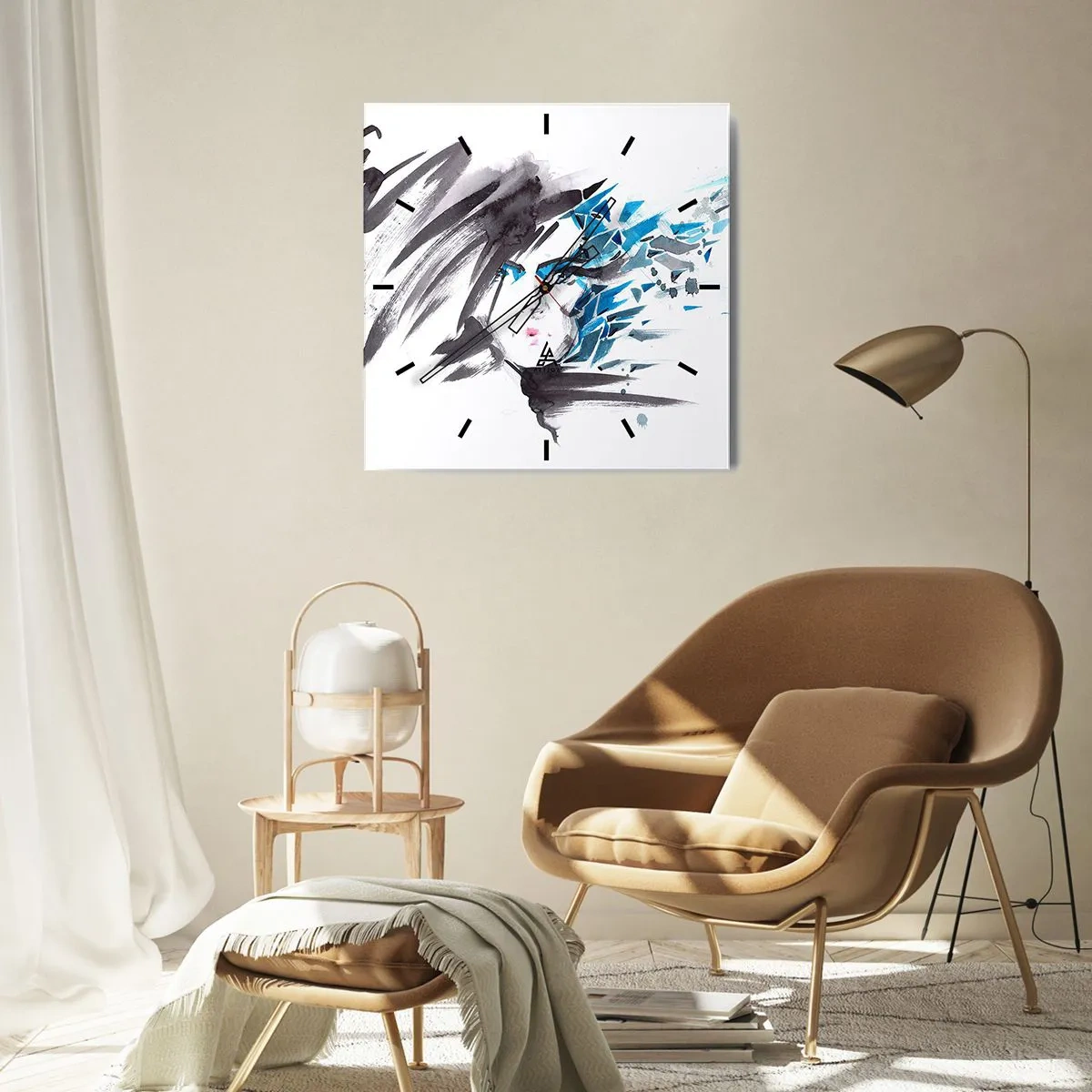 Nástenné hodiny - Zmyselný portrét v šedej a modrej - 40x40 cm