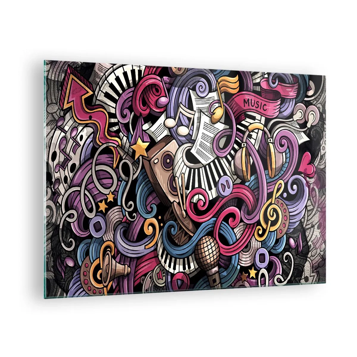 Obraz na skle - Farebné hudobné témy s notami a nástrojmi - 70x50cm - Komplikovaná melódia - Moderná nástenná dekorácia do obývacej izby a spálne ARTTOR