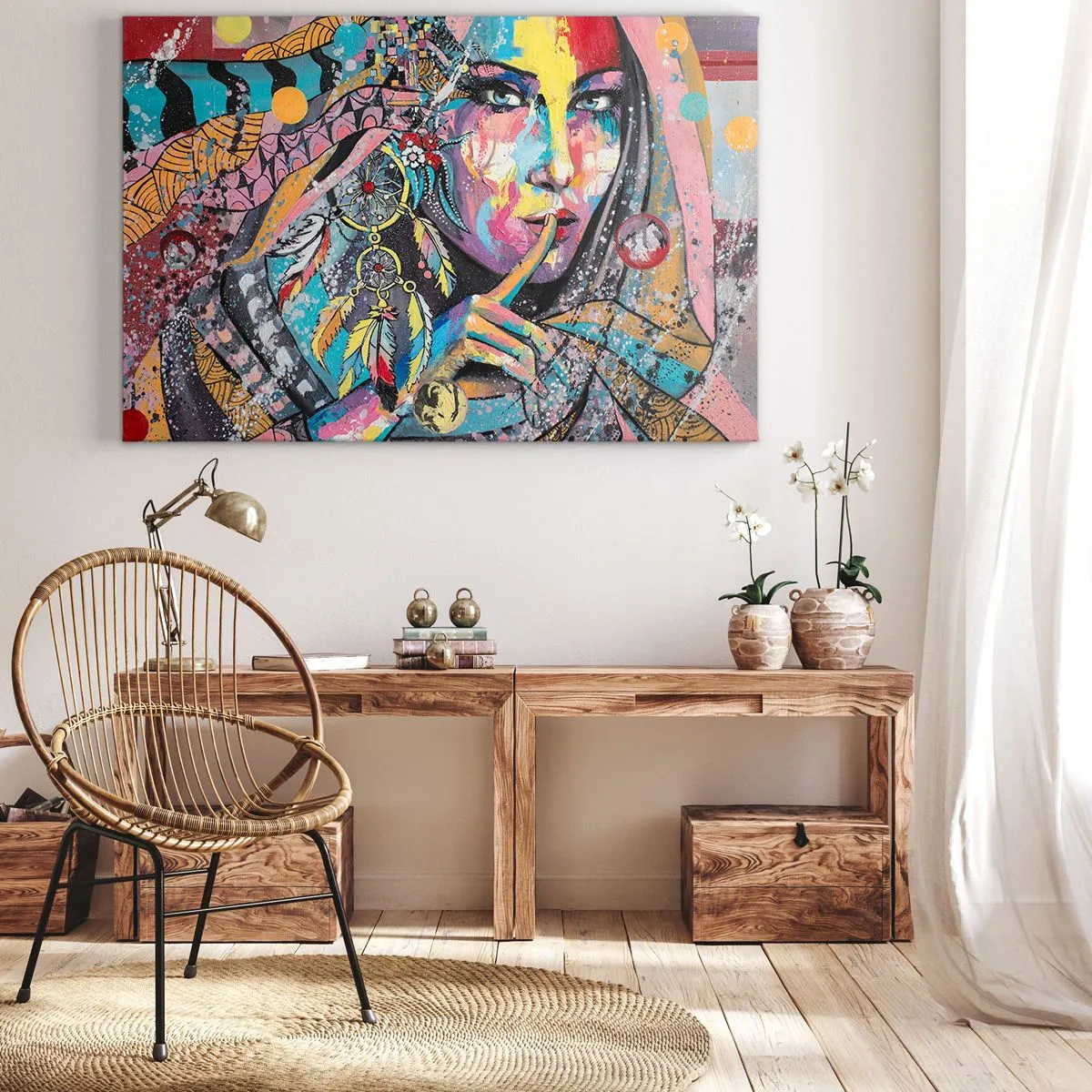 Obraz na plátne - Farebná ženská tvár v umeleckom štýle - 70x50cm - Mlč, než pochopíš - Moderná nástenná dekorácia do obývacej izby a spálne ARTTOR