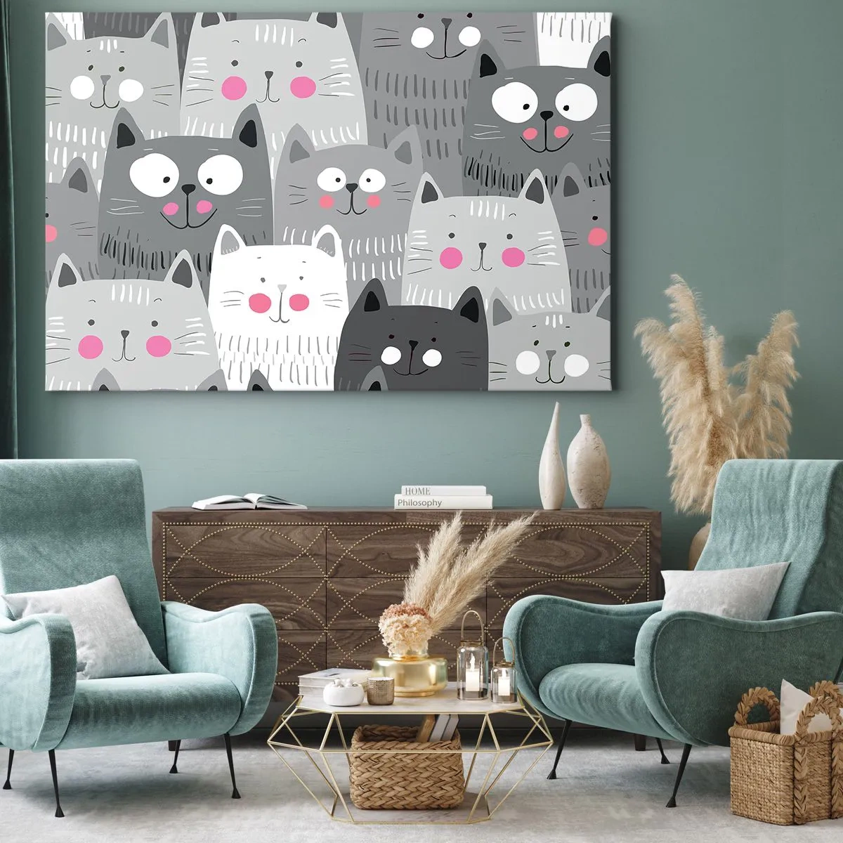 Obraz na plátne - Zábavný vzor s mačkami v odtieňoch sivej - 70x50cm - Mačací svet - Moderná nástenná dekorácia do obývacej izby a spálne ARTTOR