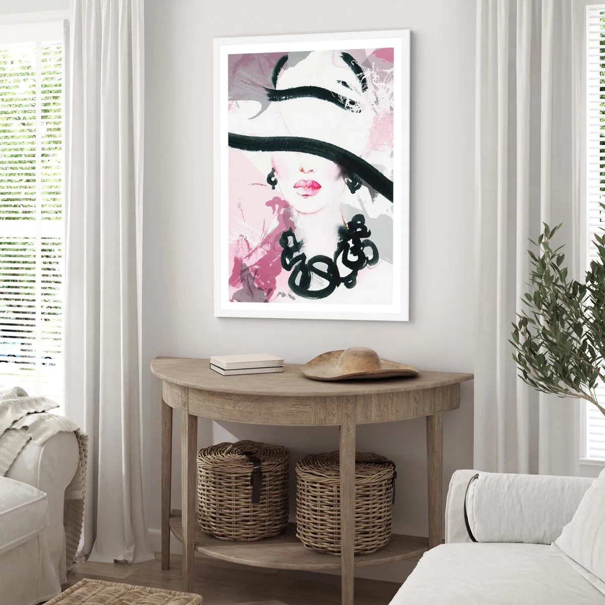 Plagát v bielom ráme - Portrét dámy v čiernej a ružovej - 50x70 cm