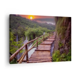 Obraz na plátne - Most s výhľadom na vodopády pri západe slnka - 70x50cm - Neuveriteľná krása - Moderná nástenná dekorácia do obývacej izby a spálne ARTTOR