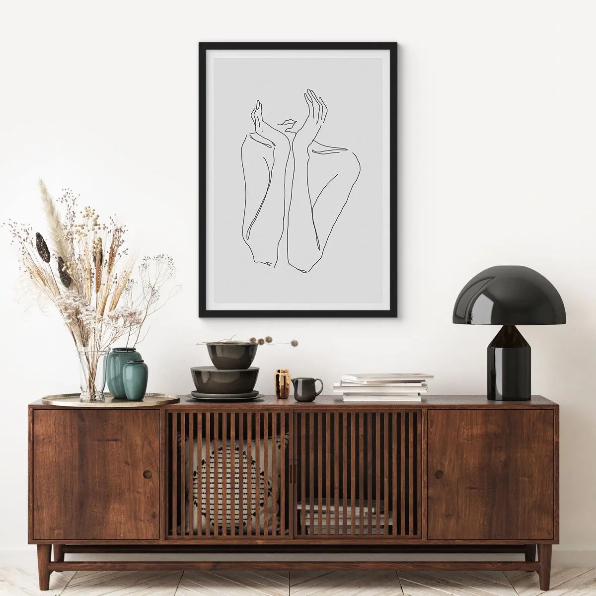 Plagát v čiernom ráme - Minimalistická kresba rúk - 50x70cm - O čom snívajú dievčatá - Moderná nástenná dekorácia do obývacej izby a spálne ARTTOR