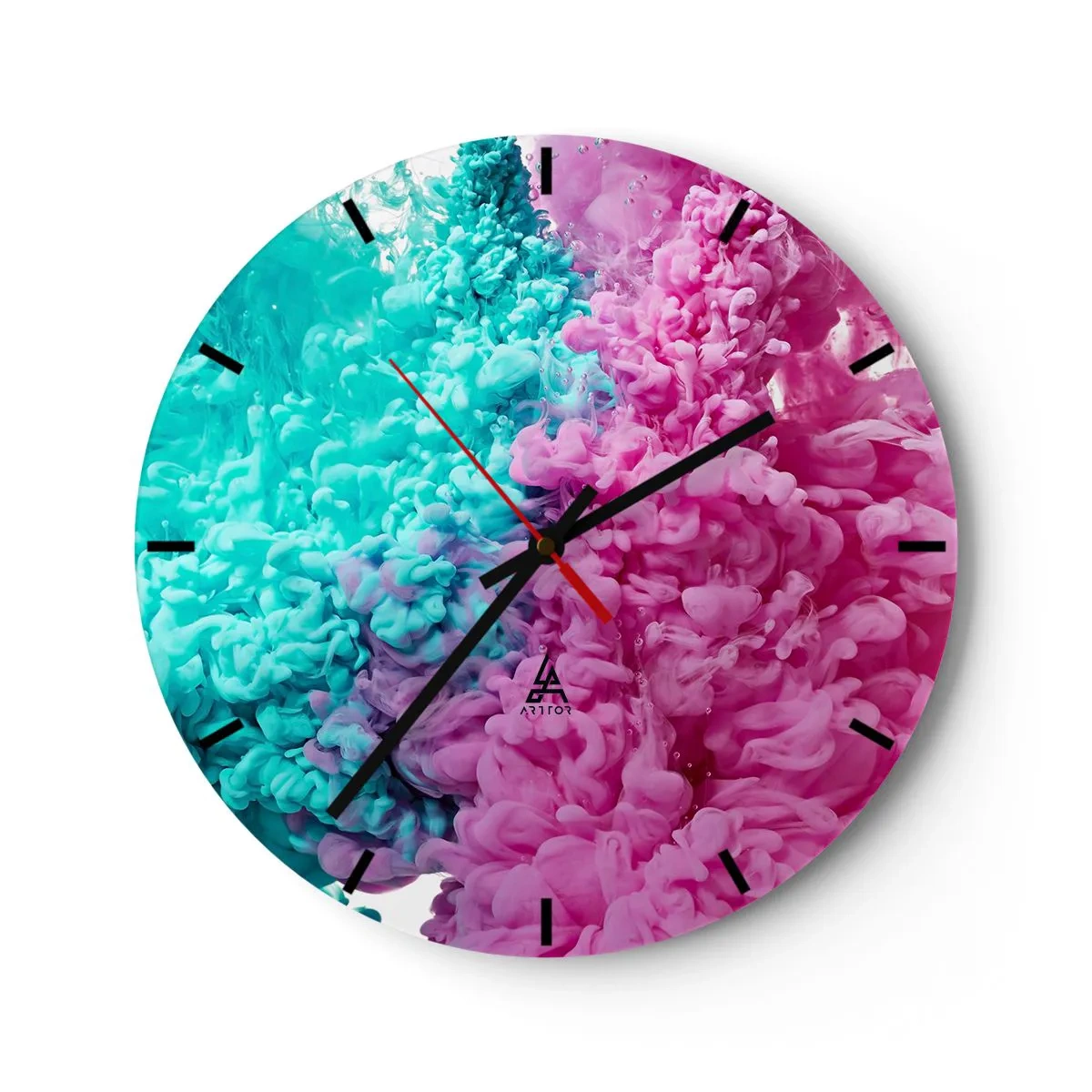 Nástenné hodiny - Abstraktná kombinácia ružovej a tyrkysovej farby - 30x30cm - Rozhodujúci stret - Moderná nástenná dekorácia do obývacej izby, kuchyne a spálne ARTTOR