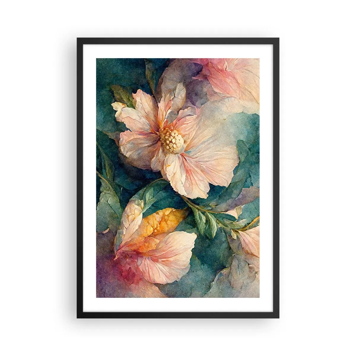 Plagát v čiernom ráme - Jemné kvety v akvarelovom štýle - 50x70cm - Číra subtílnosť - Moderná nástenná dekorácia do obývacej izby a spálne ARTTOR