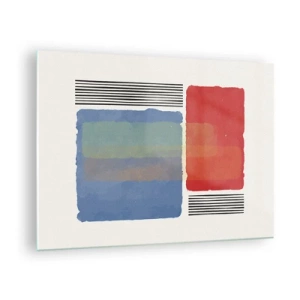 Obraz na skle - Geometrická kompozícia s červenými a modrými obdĺžnikmi - 70x50cm - Duch a písmeno geometrie - Moderná nástenná dekorácia do obývacej izby a spálne ARTTOR