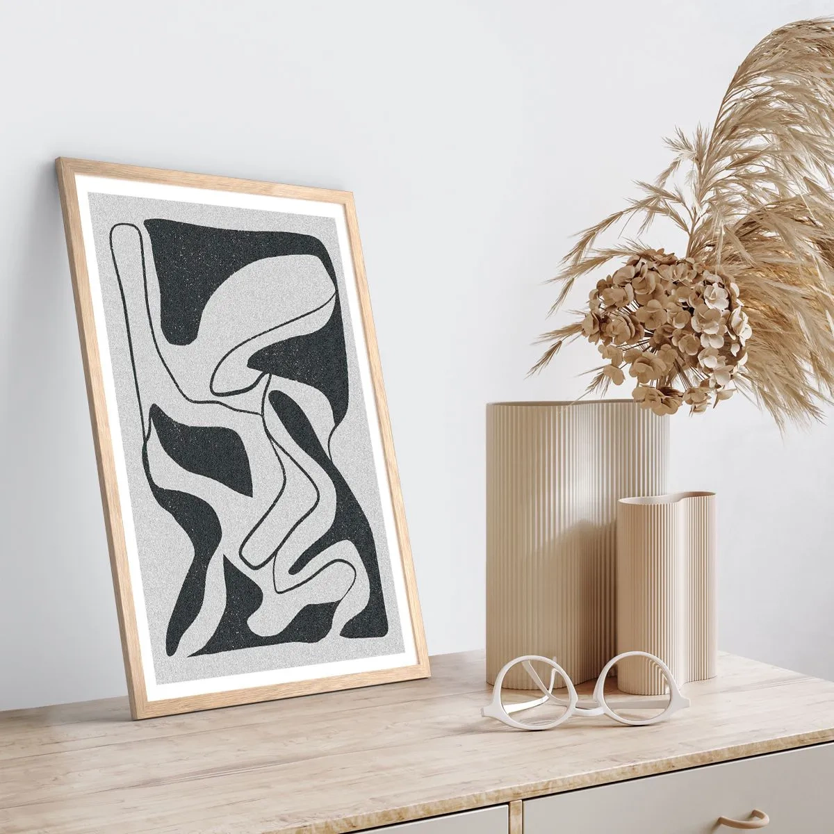 Plagát v ráme zo svetlého duba - Abstraktná hra v labyrinte - 70x100 cm