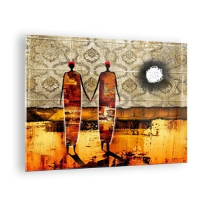 Obraz na skle - Dve abstraktné postavy na pozadí ornamentu a zlatých odtieňov - 70x50cm - Etnická kompozícia vo farbách Afriky - Moderná nástenná dekorácia do obývacej izby a spálne ARTTOR