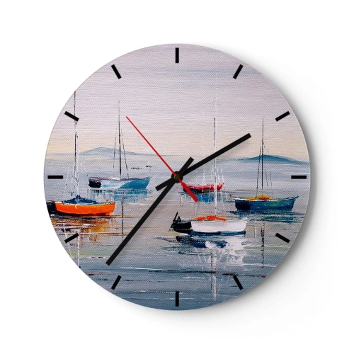 Nástenné hodiny - Farebné lode pokojne kotviace na vodnej hladine - 30x30cm - Zaslúžený odpočinok - Moderná nástenná dekorácia do obývacej izby, kuchyne a spálne ARTTOR