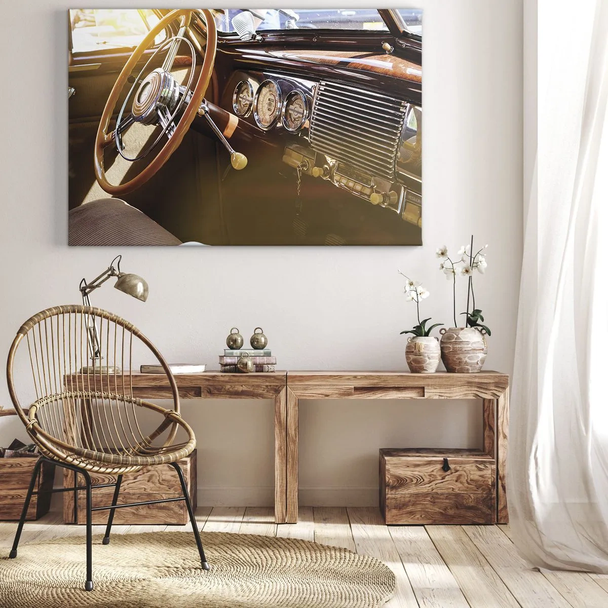 Obraz na plátne - Detailný záber na interiér klasického auta s drevenými a chrómovými detailmi. - 70x50cm - Závan luxusu z minulosti - Moderná nástenná dekorácia do obývacej izby a spálne ARTTOR