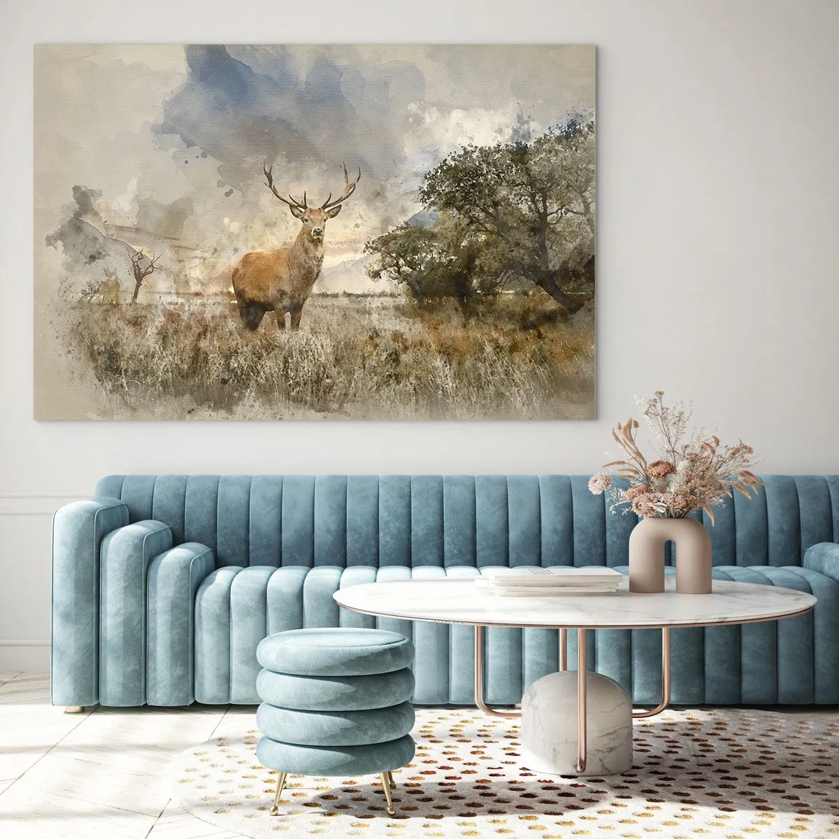 Obraz na skle - Jeleň v prírodnej krajine s jemnými farbami v pozadí - 70x50cm - Dôstojnosť - sila - majestátnosť - Moderná nástenná dekorácia do obývacej izby a spálne ARTTOR