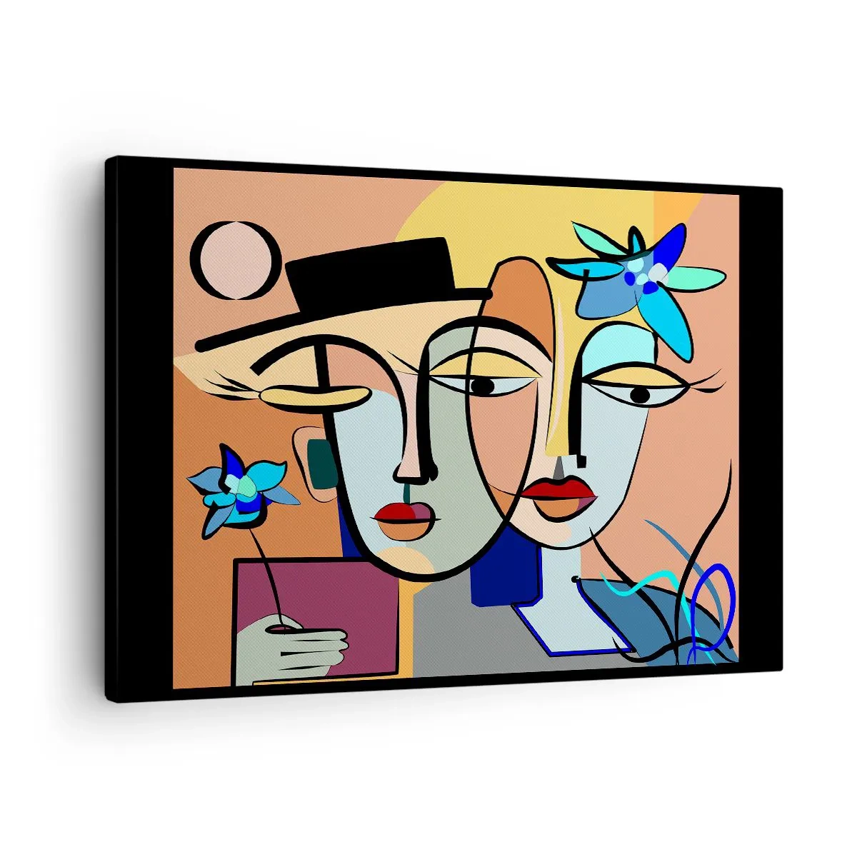 Obraz na plátne - Kubistické portréty v žiarivých farbách s kvetinovým motívom - 70x50cm - Picassovo randez vous - Moderná nástenná dekorácia do obývacej izby a spálne ARTTOR