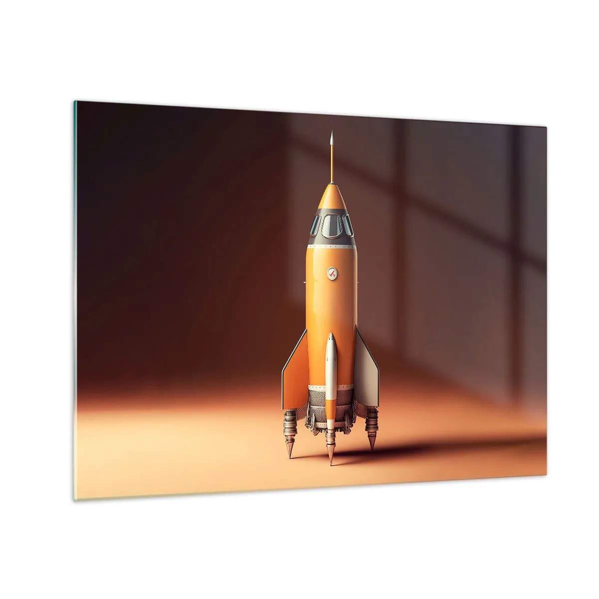 Obraz na skle - Oranžová raketa na mäkkom svetlom pozadí - 70x50cm - Začína to snom - Moderná nástenná dekorácia do obývacej izby a spálne ARTTOR