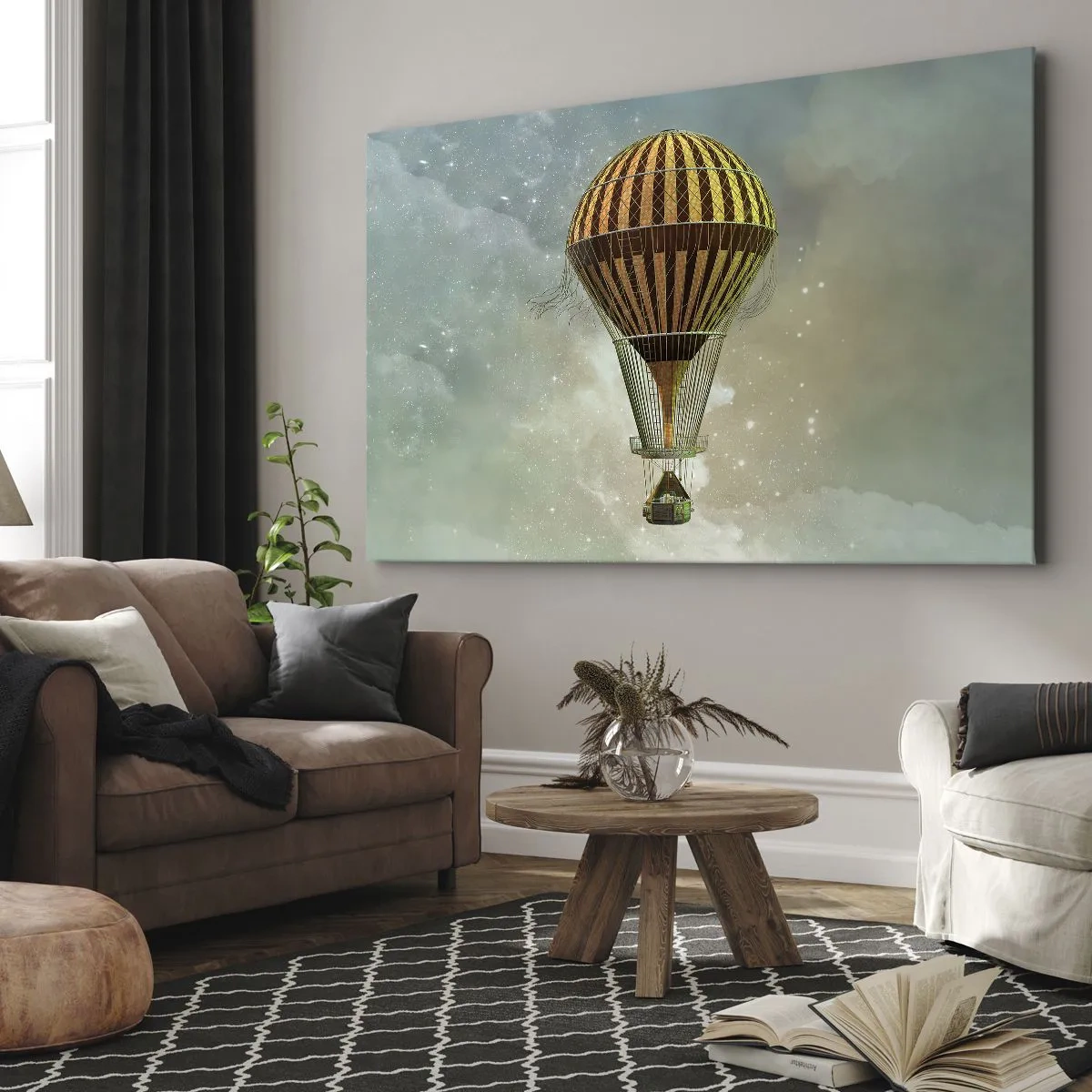 Obraz na plátne - Teplovzdušný balón vznášajúci sa medzi oblakmi - 70x50cm - Priekopnícke lety - Moderná nástenná dekorácia do obývacej izby a spálne ARTTOR