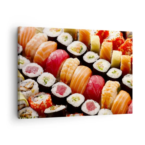 Obraz na plátne - Farebné sushi usporiadané v radoch s rôznymi polevami - 70x50cm - Farby a chute Ázie - Moderná nástenná dekorácia do obývacej izby a spálne ARTTOR