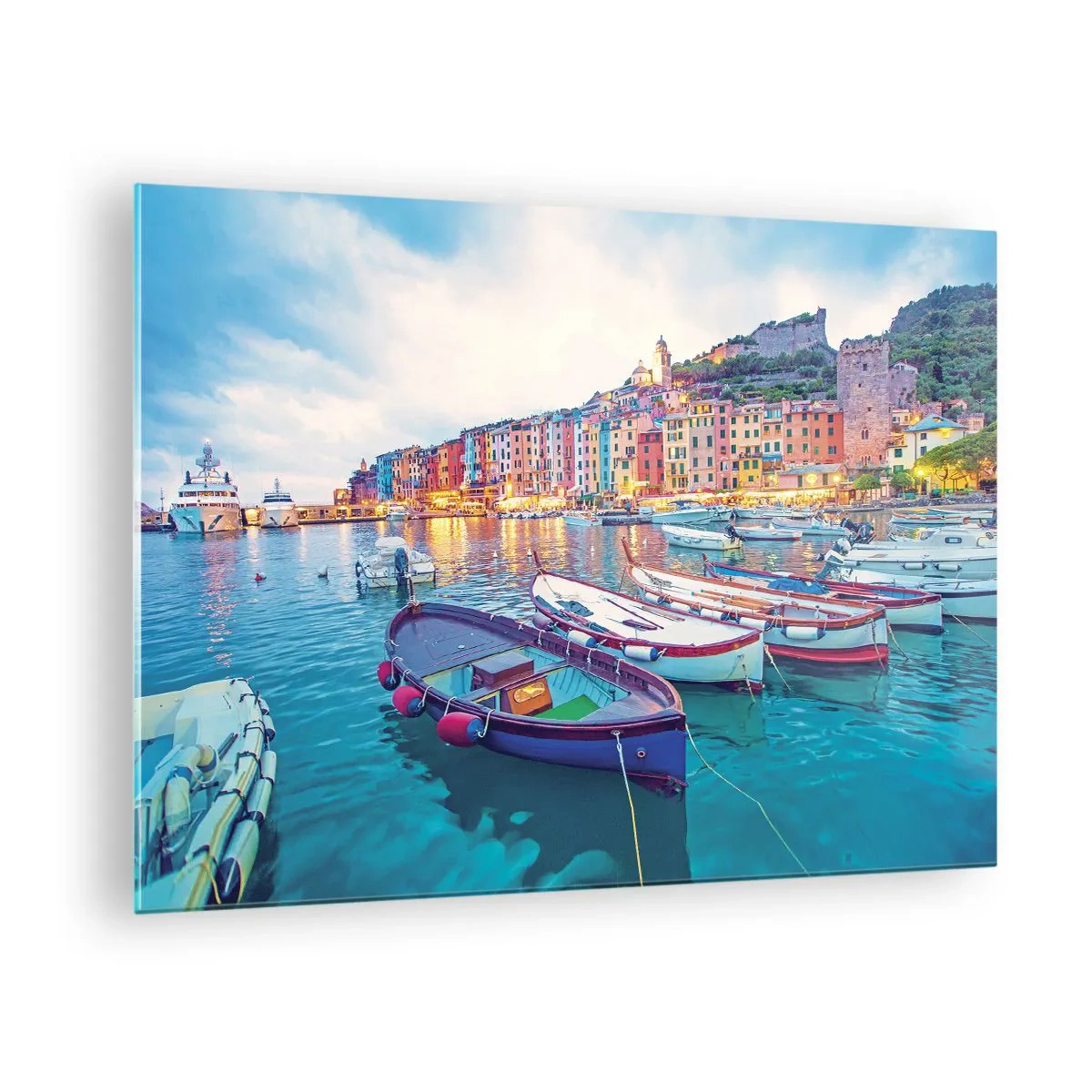 Obraz na skle - Večerný pohľad na Cinque Terre s farebnými budovami - 70x50cm - Farebný večer v prístave - Moderná nástenná dekorácia do obývacej izby a spálne ARTTOR