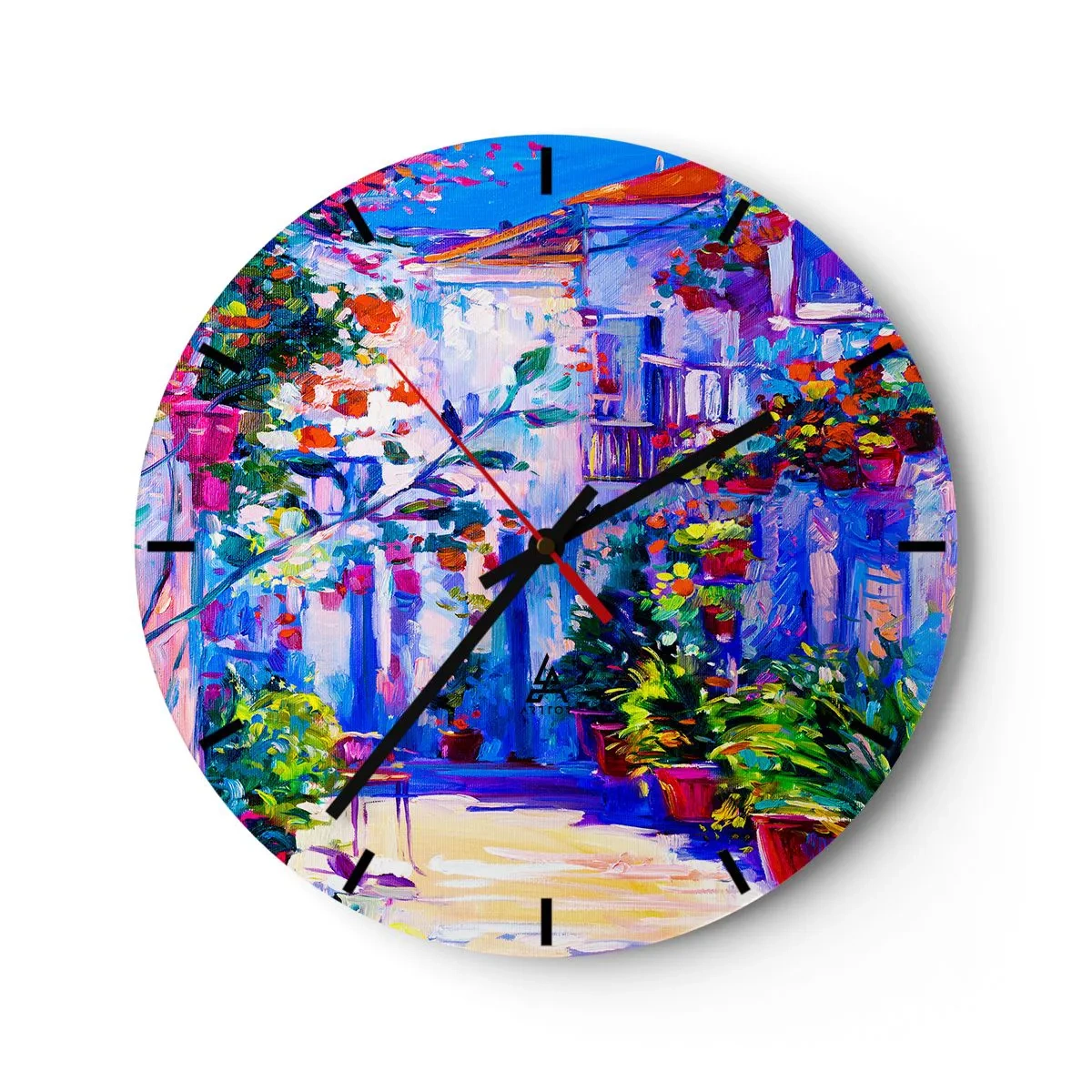 Nástenné hodiny - Očarujúca terasa plná kvetov v intenzívnych farbách - 30x30cm - Impresia - talianska ulička - Moderná nástenná dekorácia do obývacej izby, kuchyne a spálne ARTTOR