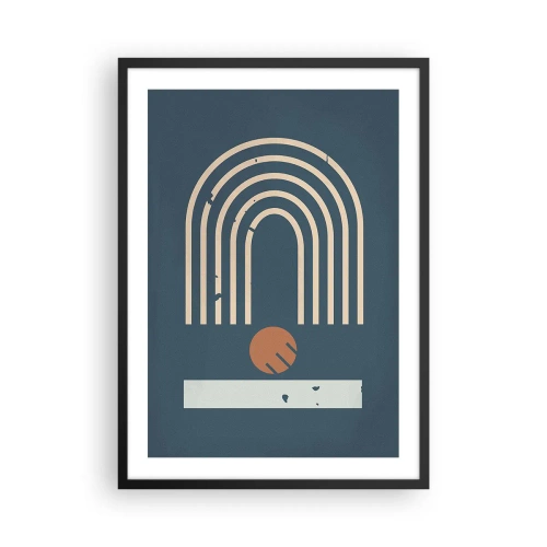 Plagát v čiernom ráme - Geometrické oblúky a guľa na tmavom pozadí - 50x70cm - Geometria v námorníckej modrej - Moderná nástenná dekorácia do obývacej izby a spálne ARTTOR
