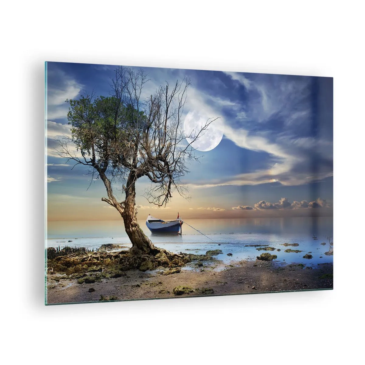 Obraz na skle - Osamelá loď pri strome na pozadí mesiaca - 70x50cm - Je to koniec alebo začiatok? - Moderná nástenná dekorácia do obývacej izby a spálne ARTTOR