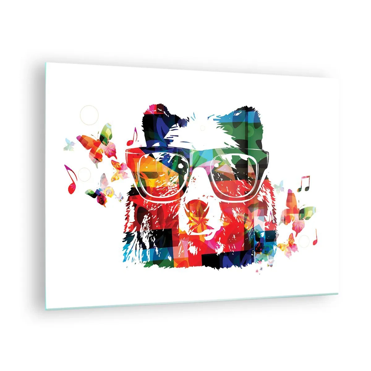 Obraz na skle - Farebný medveď s okuliarmi v štýle pop art s hudobnou tematikou - 70x50cm - Páči sa mi! - Moderná nástenná dekorácia do obývacej izby a spálne ARTTOR