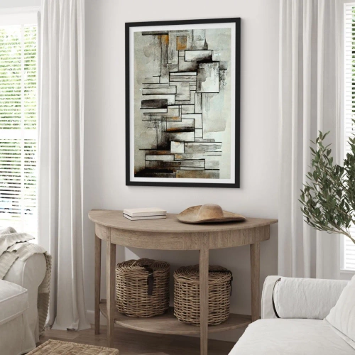 Plagát v čiernom ráme - Abstraktná geometrická kompozícia v odtieňoch sivej a čiernej - 50x70cm - Sila jednoduchosti - Moderná nástenná dekorácia do obývacej izby a spálne ARTTOR