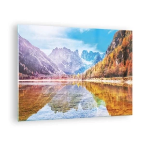 Obraz na skle - Jesenné hory sa odrážajú v jazere, obklopené farebnými stromami - 70x50cm - A v horách už je jeseň - Moderná nástenná dekorácia do obývacej izby a spálne ARTTOR