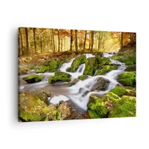 Obraz na plátne - Zalesnená krajina s vodopádom obklopeným machom - 70x50cm - Chvatom jesenným lesom - Moderná nástenná dekorácia do obývacej izby a spálne ARTTOR
