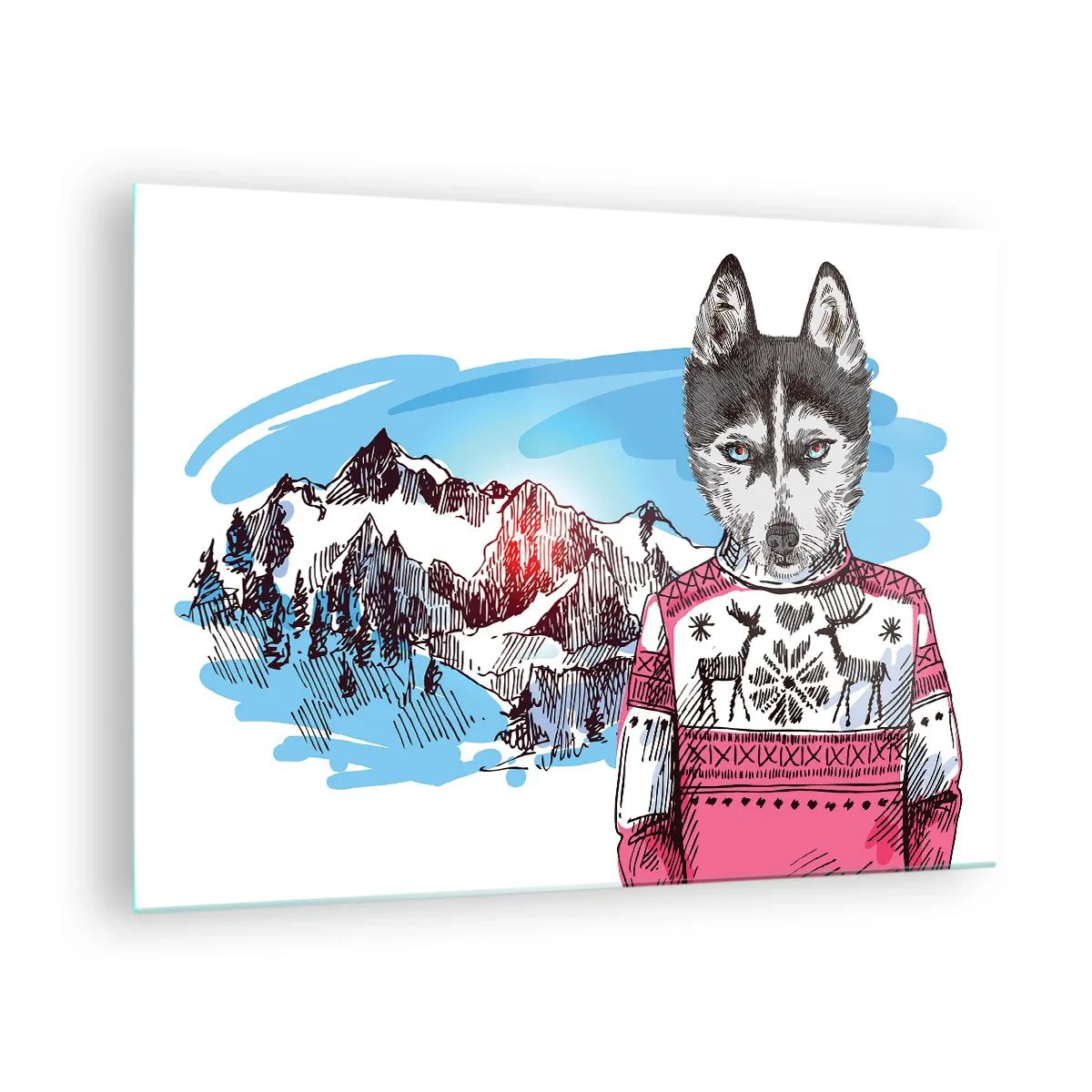 Obraz na skle - Husky v svetri s horami v pozadí - 70x50cm - Vlk v ovčom rúne - Moderná nástenná dekorácia do obývacej izby a spálne ARTTOR