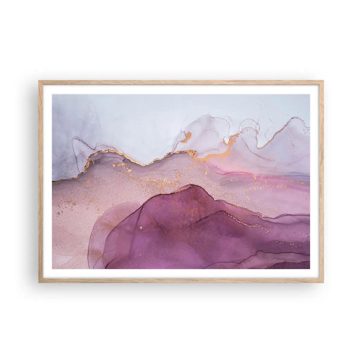 Plagát v ráme zo svetlého duba - Fialové a ľalové vlny - 100x70 cm