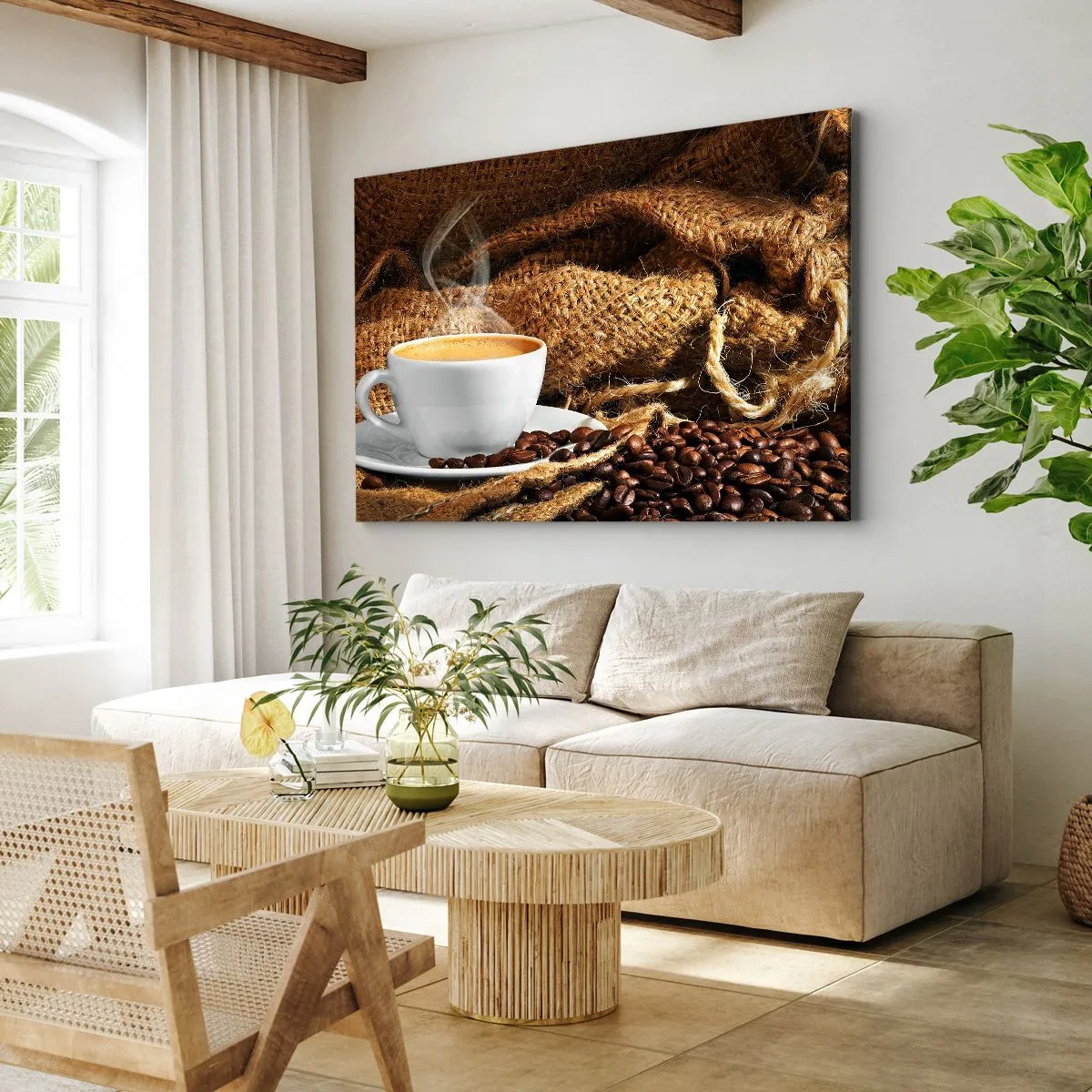 Obraz na plátne - Šálka kávy obklopená vreckom kávových zŕn - 70x50cm - Vôňa moky a hustota medovej tekutiny - Moderná nástenná dekorácia do obývacej izby a spálne ARTTOR