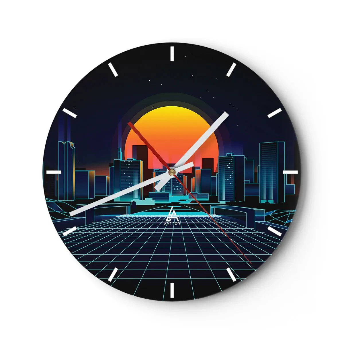 Nástenné hodiny - Retro-futuristická panoráma mesta s neónovými svetlami a západom slnka - 30x30cm - Stále chcete do reálu? - Moderná nástenná dekorácia do obývacej izby, kuchyne a spálne ARTTOR