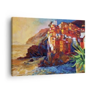 Obraz na plátne - Farebné domy na útese nad morom - 70x50cm - Taliansky nádych - Moderná nástenná dekorácia do obývacej izby a spálne ARTTOR