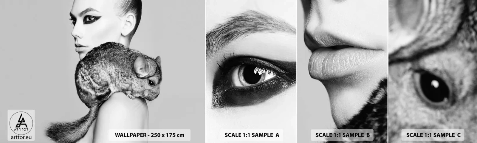 Vzorka samolepiacej fototapety Deluxe Sticker - Dáma s činčilou - Žena, Žena s činčilou, Model - 100x30 cm