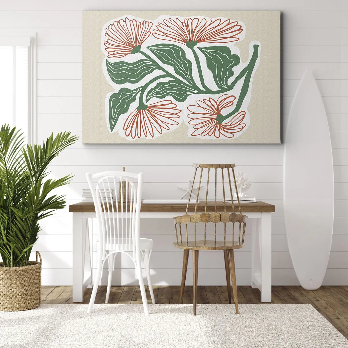 Obraz na plátne - Kresba kvetov v minimalistickom štýle so zelenými listami - 70x50cm - Ľudové aj moderné - Moderná nástenná dekorácia do obývacej izby a spálne ARTTOR