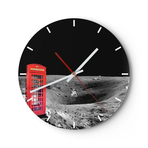 Nástenné hodiny - Červená telefónna búdka na povrchu Mesiaca - 30x30cm - Kozmický žart - Moderná nástenná dekorácia do obývacej izby, kuchyne a spálne ARTTOR