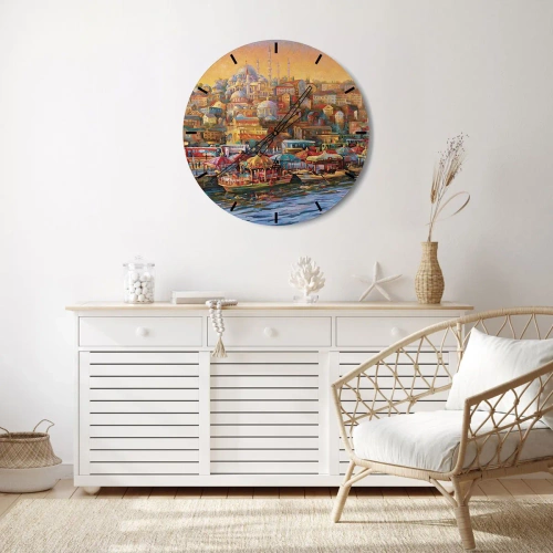 Nástenné hodiny - Farebná panoráma prístavu s orientálnou architektúrou - 30x30cm - Istanbulský príbeh - Moderná nástenná dekorácia do obývacej izby, kuchyne a spálne ARTTOR