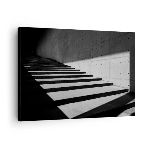 Obraz na plátne - Schody v minimalistickom štýle v čiernej a bielej farbe - 70x50cm - Surová krása modernizmu - Moderná nástenná dekorácia do obývacej izby a spálne ARTTOR