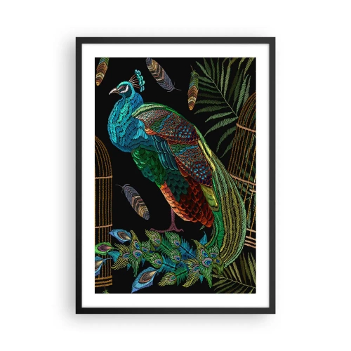 Plagát v čiernom ráme - Farebný páv na pozadí zlatých klietok a zelených listov. - 50x70cm - V kráľovskom rúchu - Moderná nástenná dekorácia do obývacej izby a spálne ARTTOR